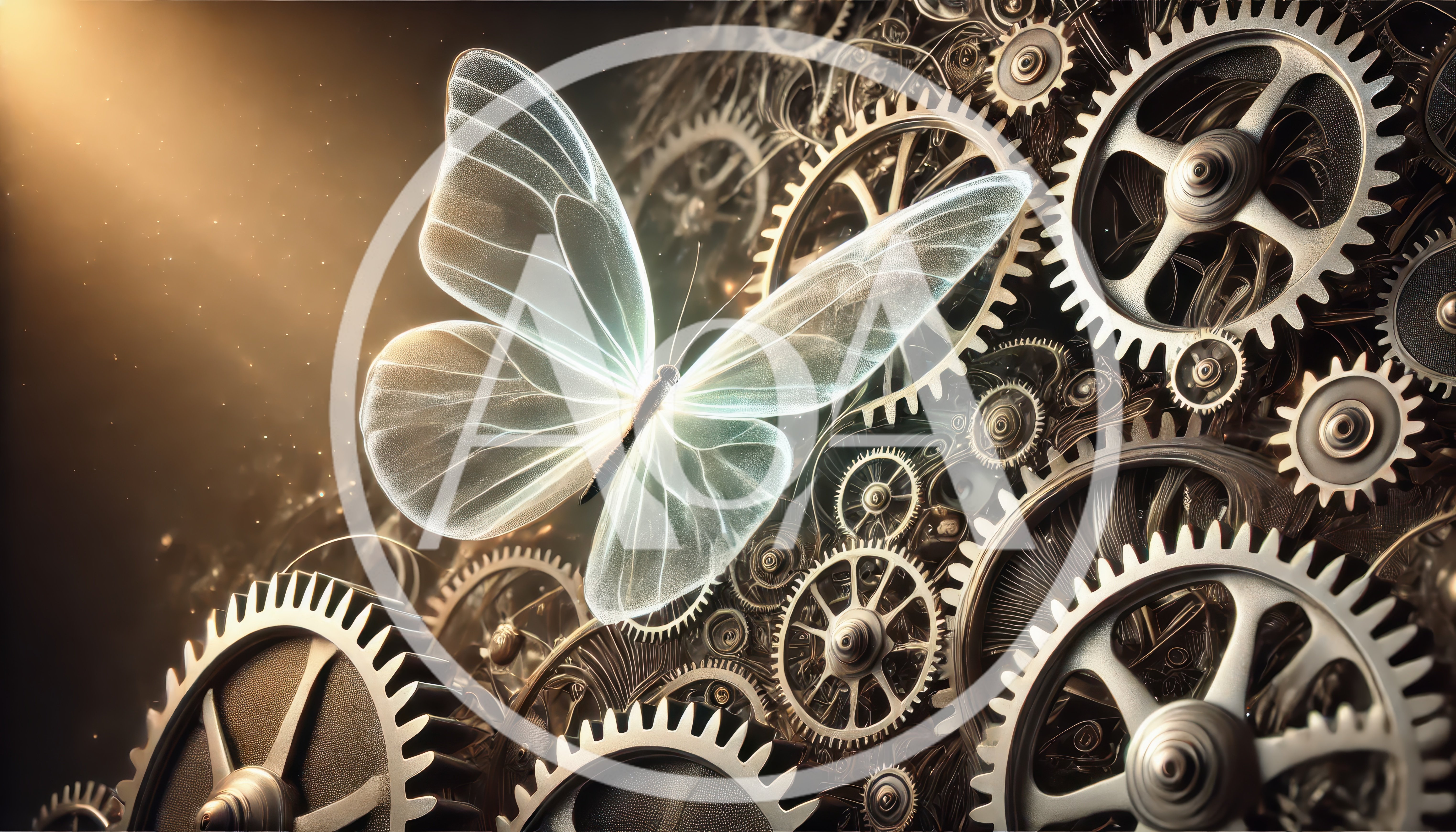 Translucent Butterfly Resting On Intricate Mechanical Clockwork Gears