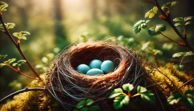 Four Blue Bird Eggs Resting In A Natural Nest