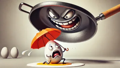 Scared Egg Character Holding Umbrella Under Evil Frying Pan