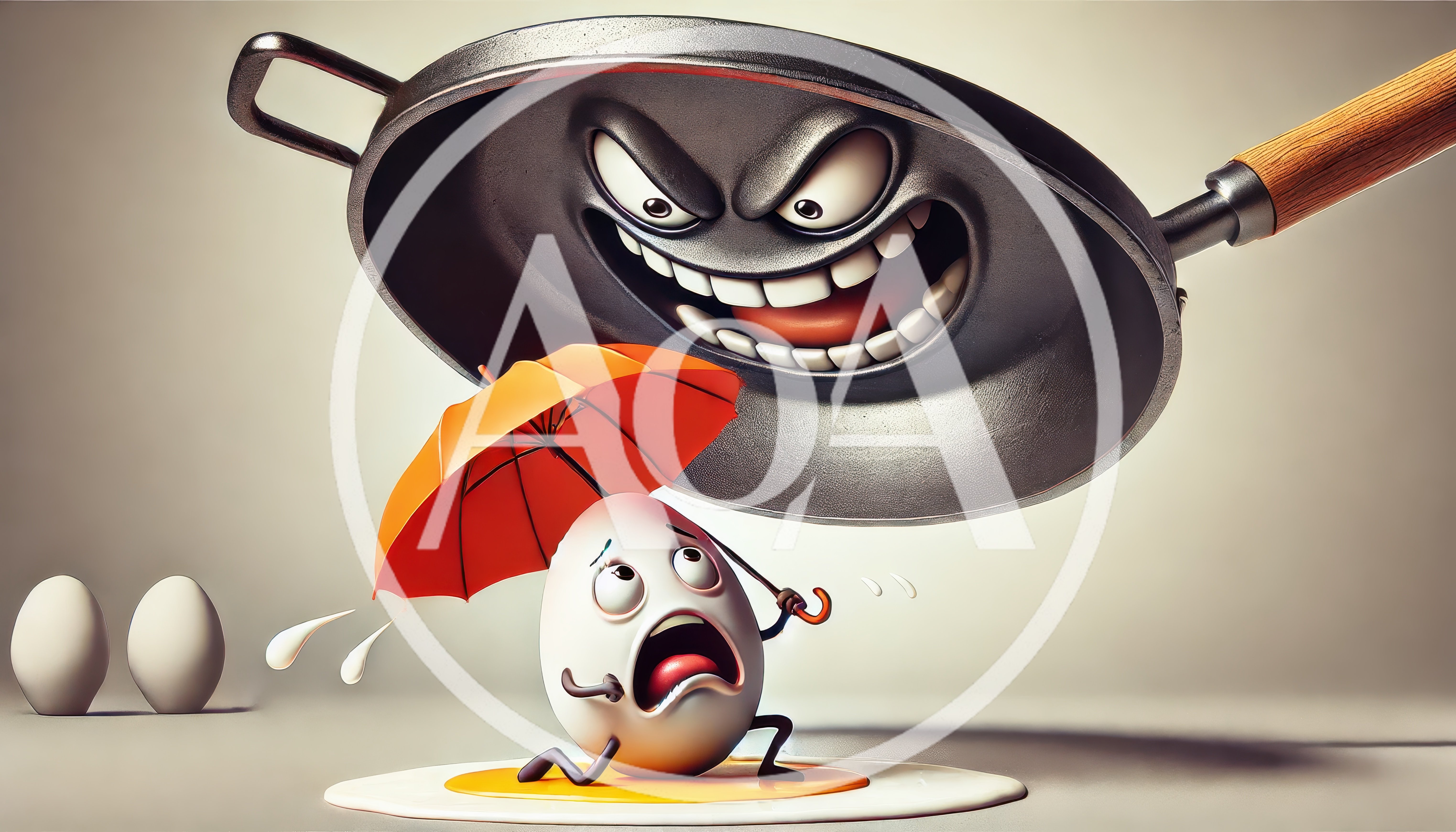 Scared Egg Character Holding Umbrella Under Evil Frying Pan