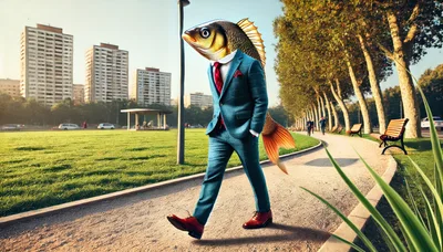 Surreal Fish Head Businessman Walking In A Park