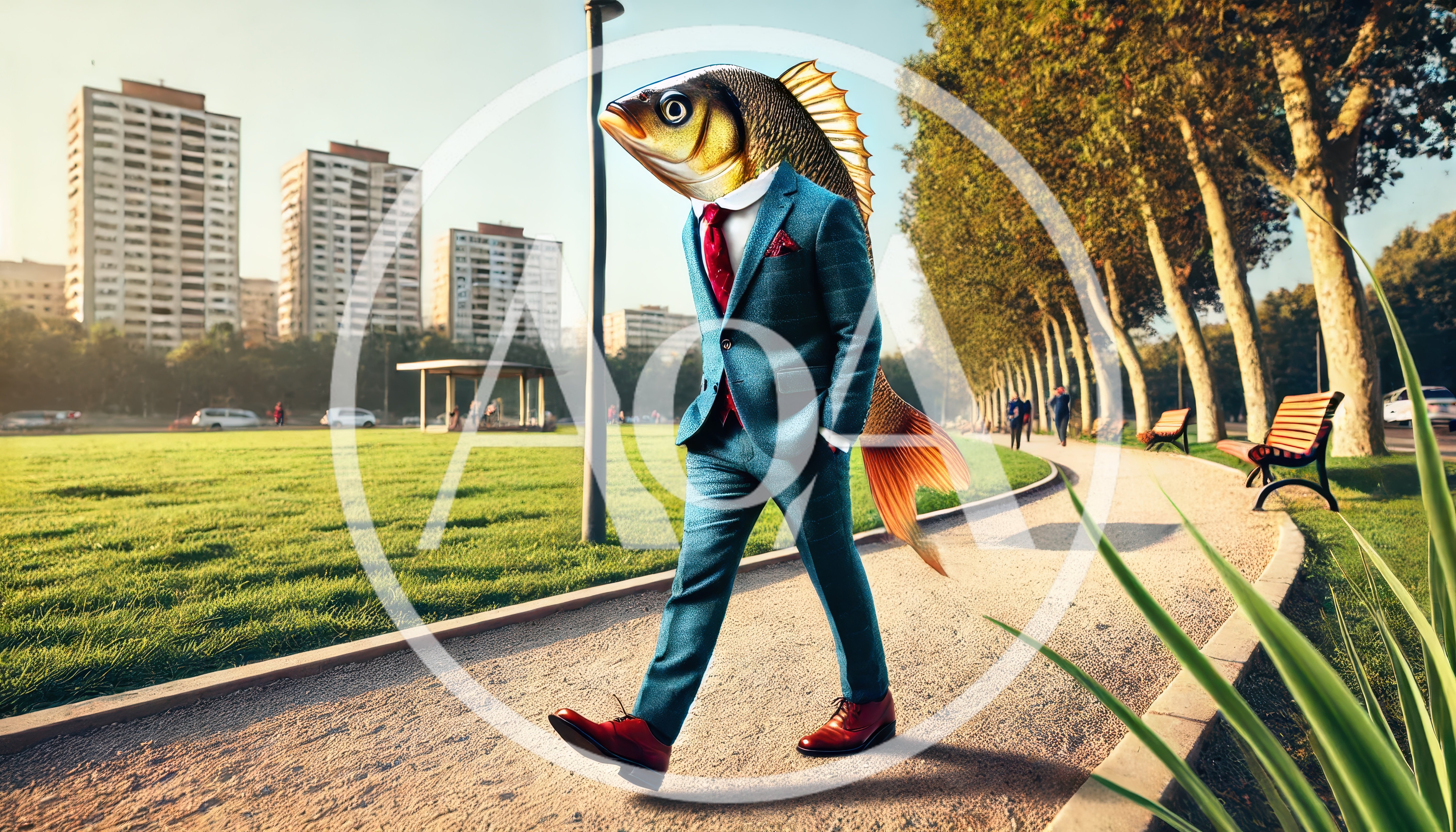 Surreal Fish Head Businessman Walking In A Park