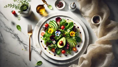 Fresh Gourmet Salad With Edible Flowers And Avocado