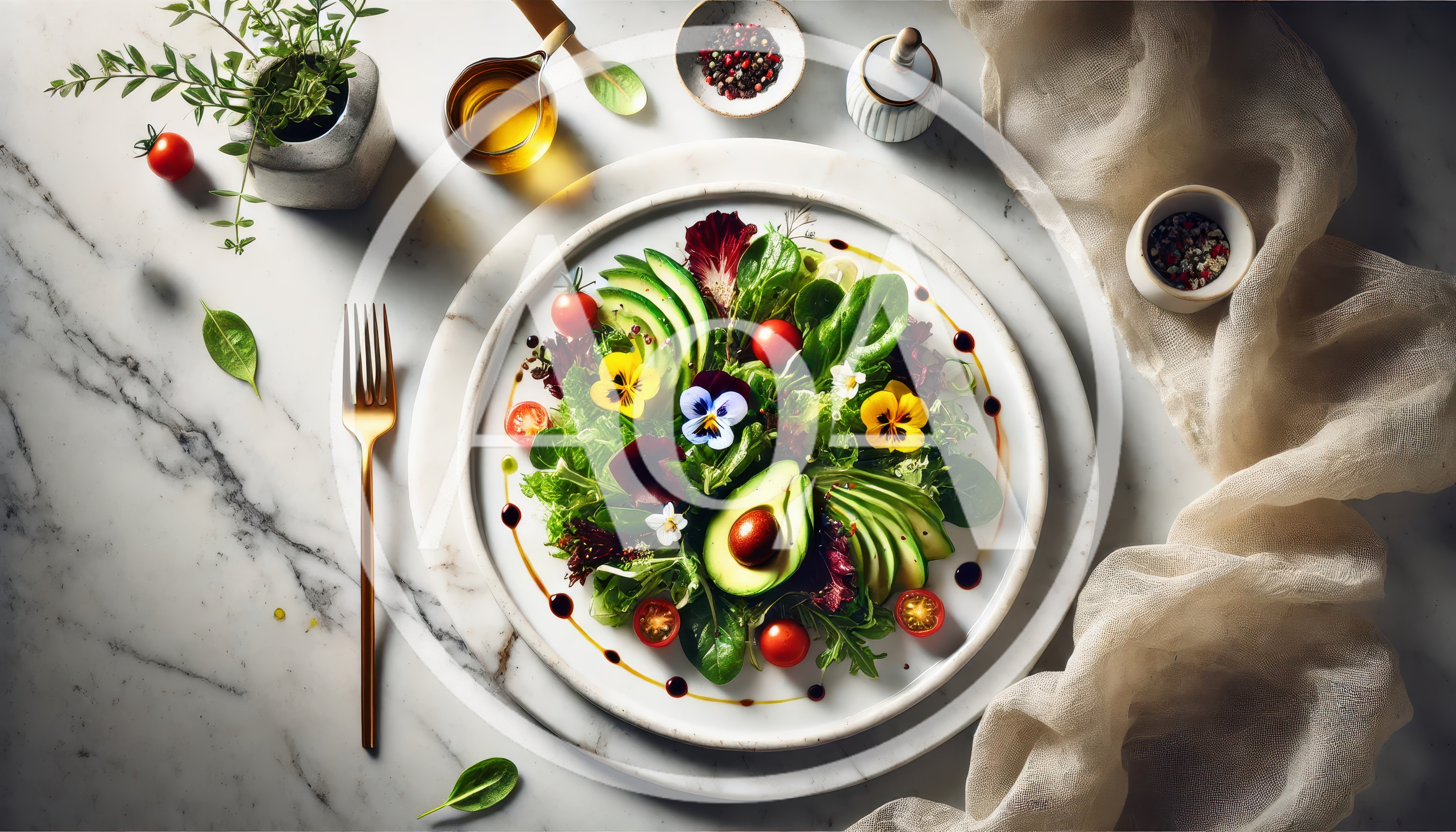 Fresh Gourmet Salad With Edible Flowers And Avocado