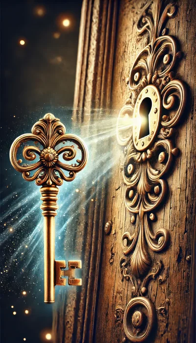 Golden Antique Key Floating Toward Ornate Wooden Door