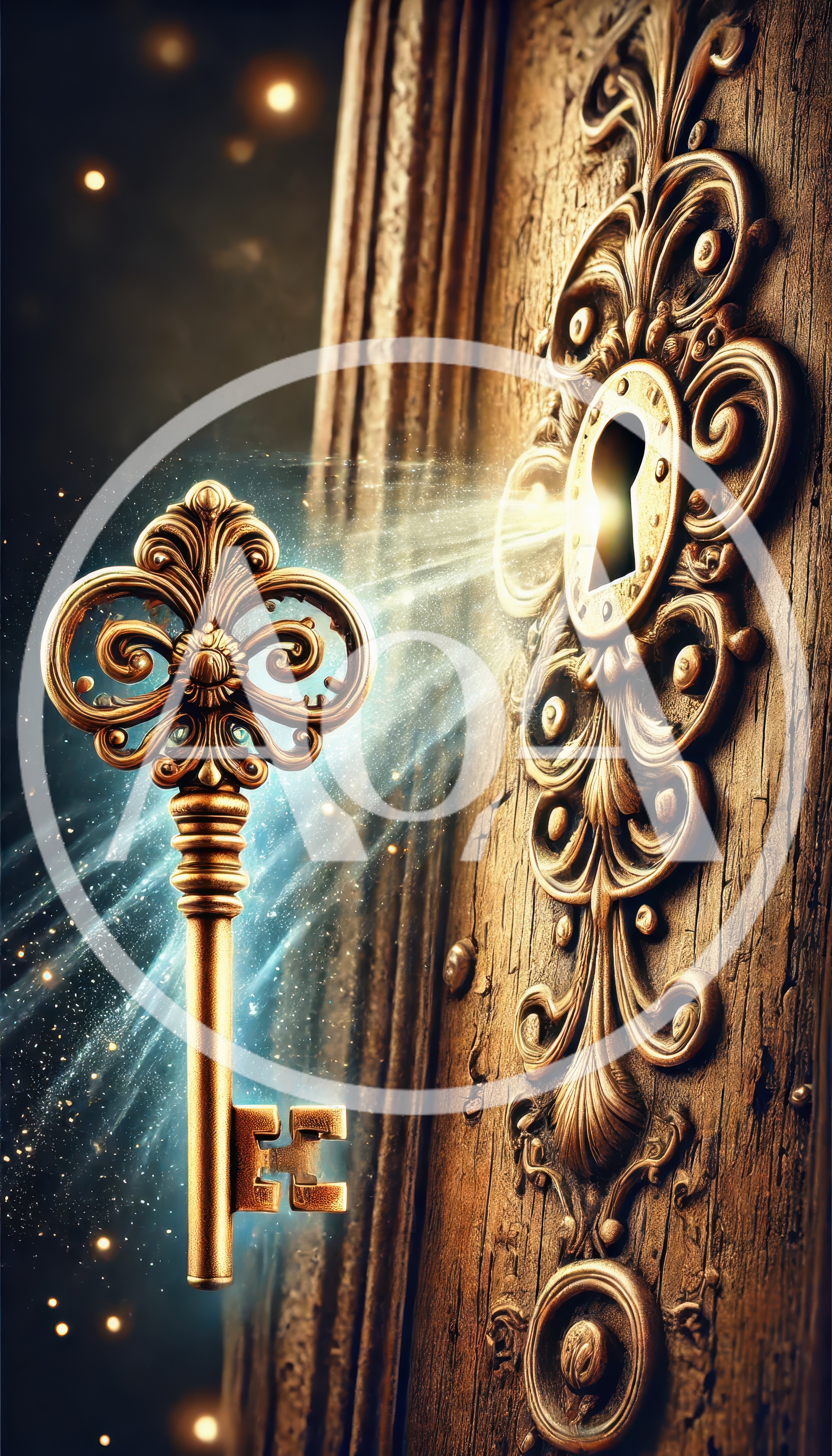Golden Antique Key Floating Toward Ornate Wooden Door