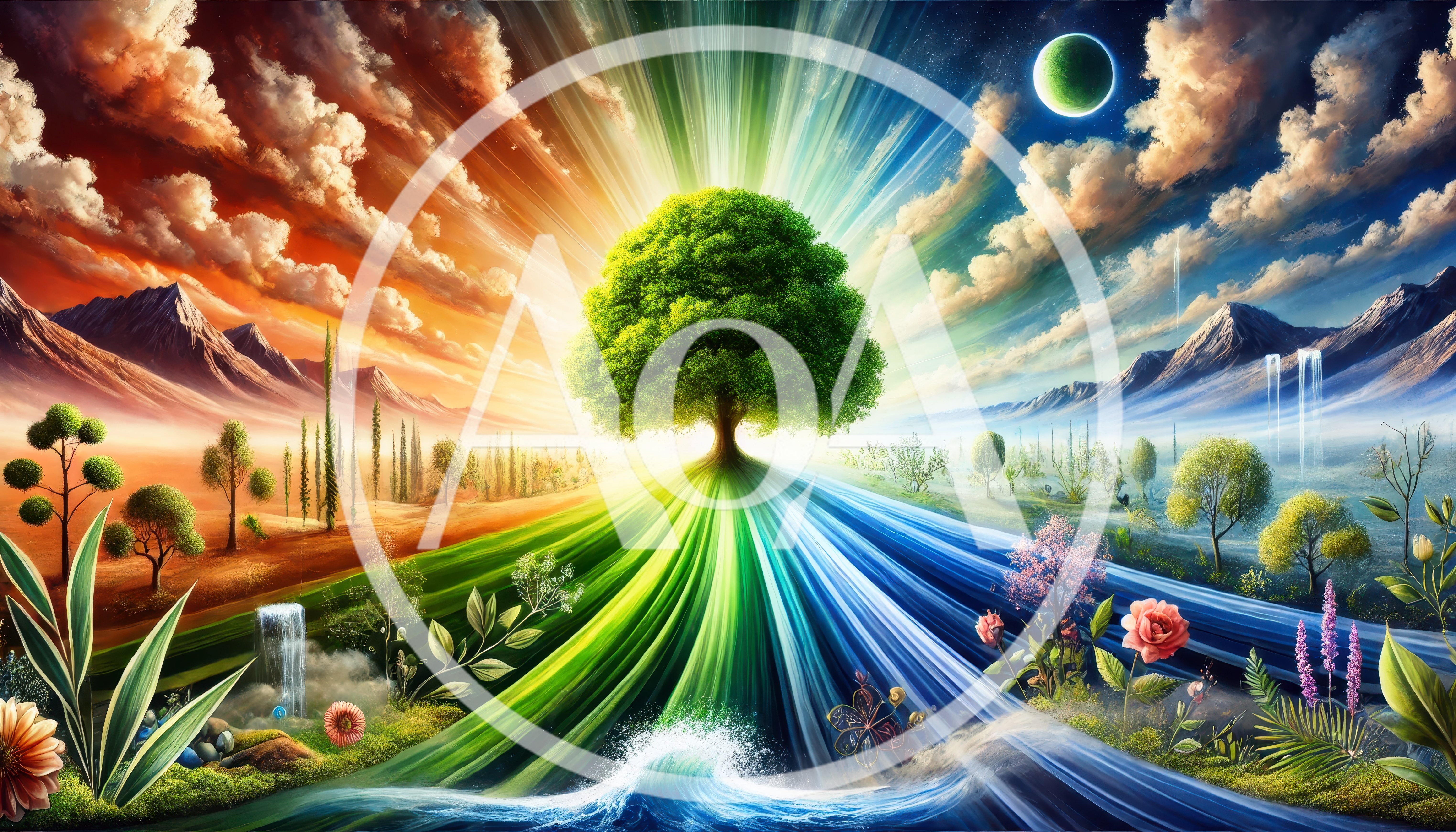 Surreal Landscape With Central Tree And Dual Atmosphere