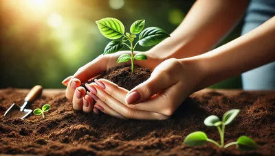 Hands Cupping A Small Green Plant In Soil