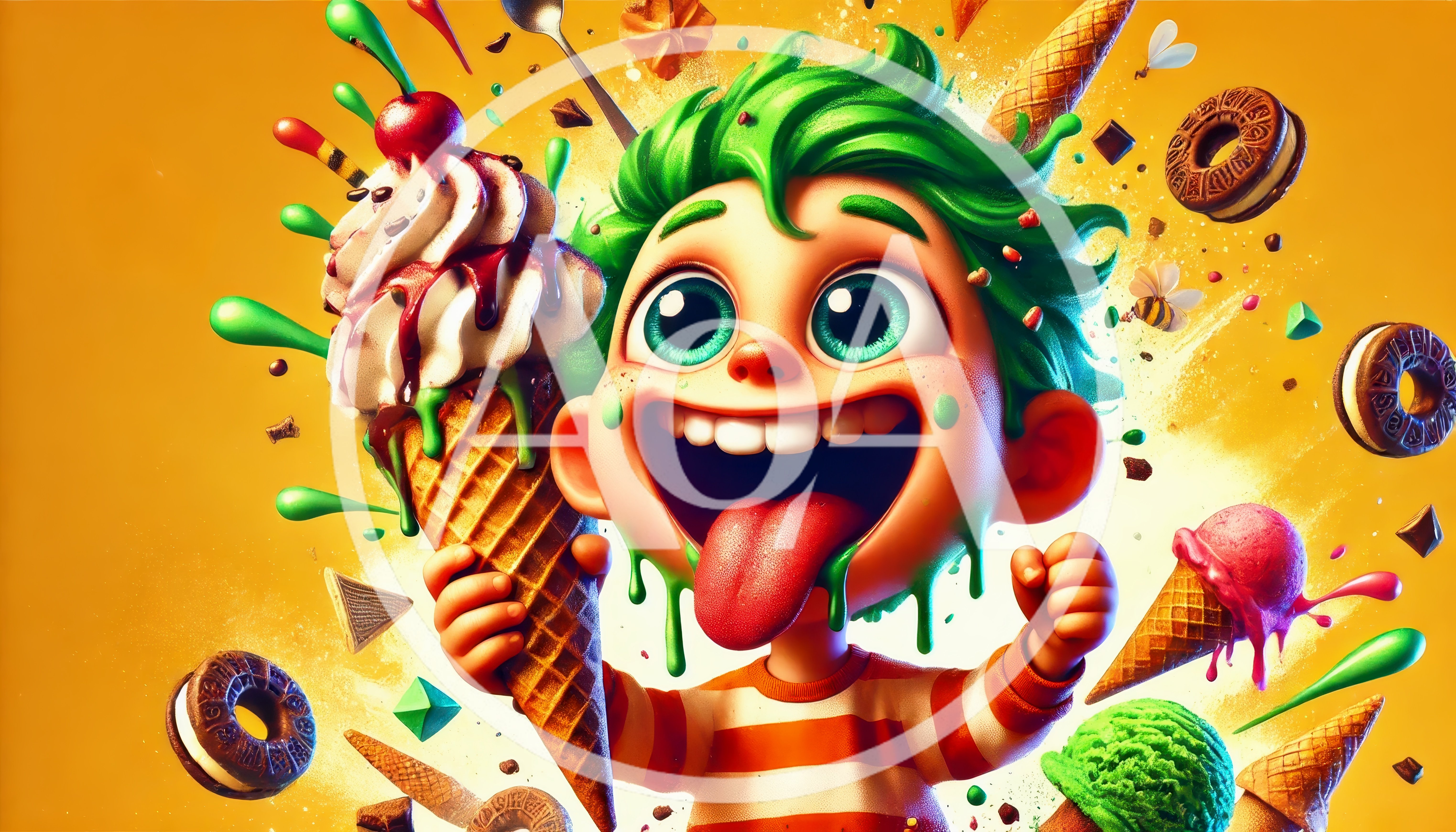 Cartoon Boy Enjoying A Large Ice Cream Cone