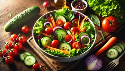 Fresh Vegetable Salad Bowl on Rustic Wooden Table