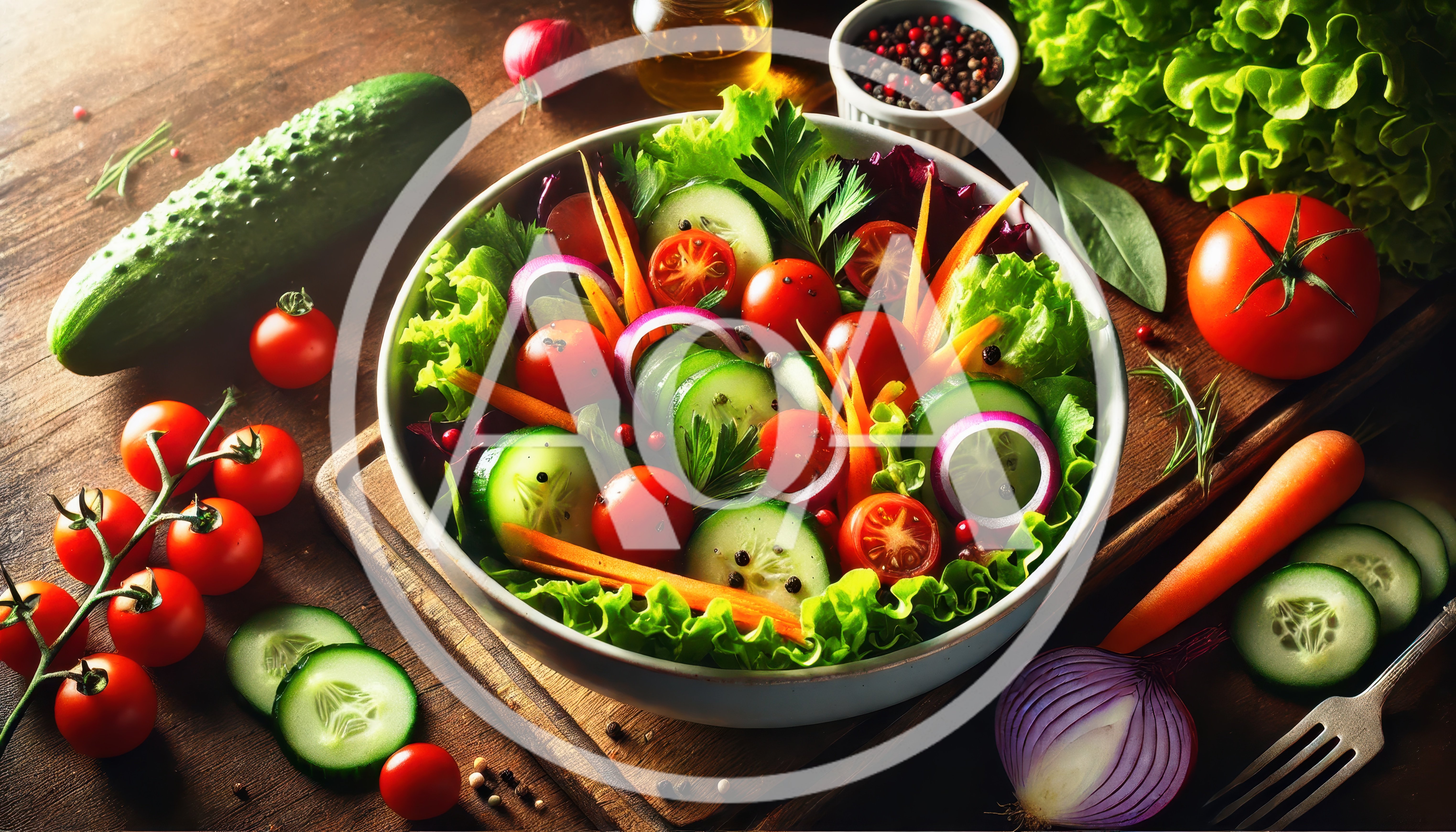Fresh Vegetable Salad Bowl on Rustic Wooden Table