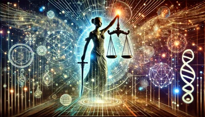 Lady Justice Statue With Digital Geometric Elements