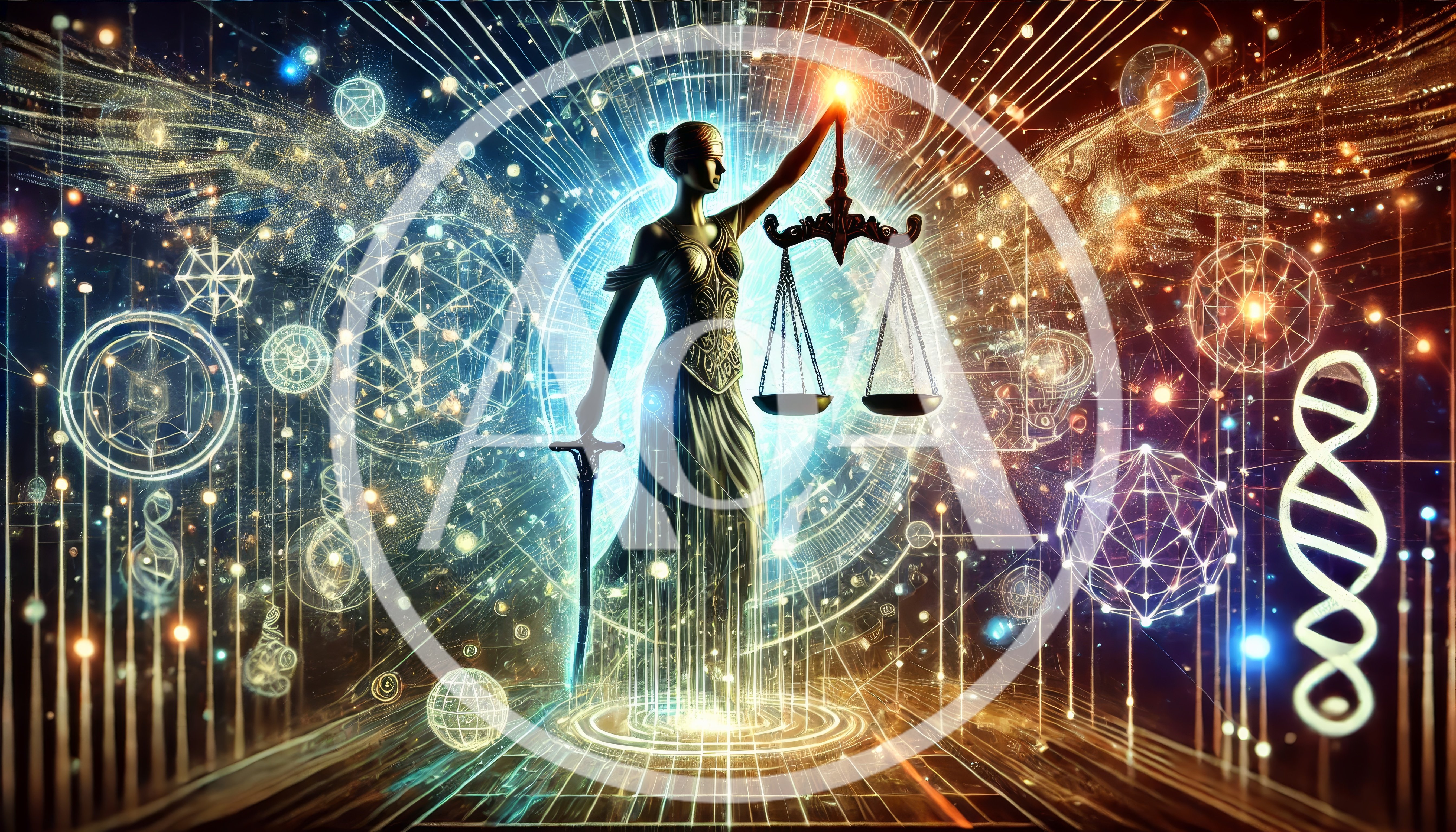 Lady Justice Statue With Digital Geometric Elements