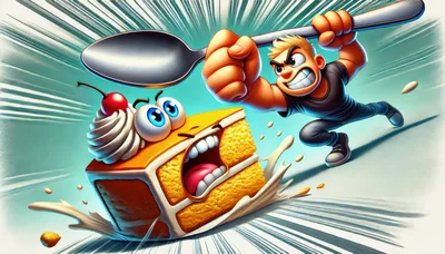 Cartoon Man Attacking A Slice Of Cake With A Spoon
