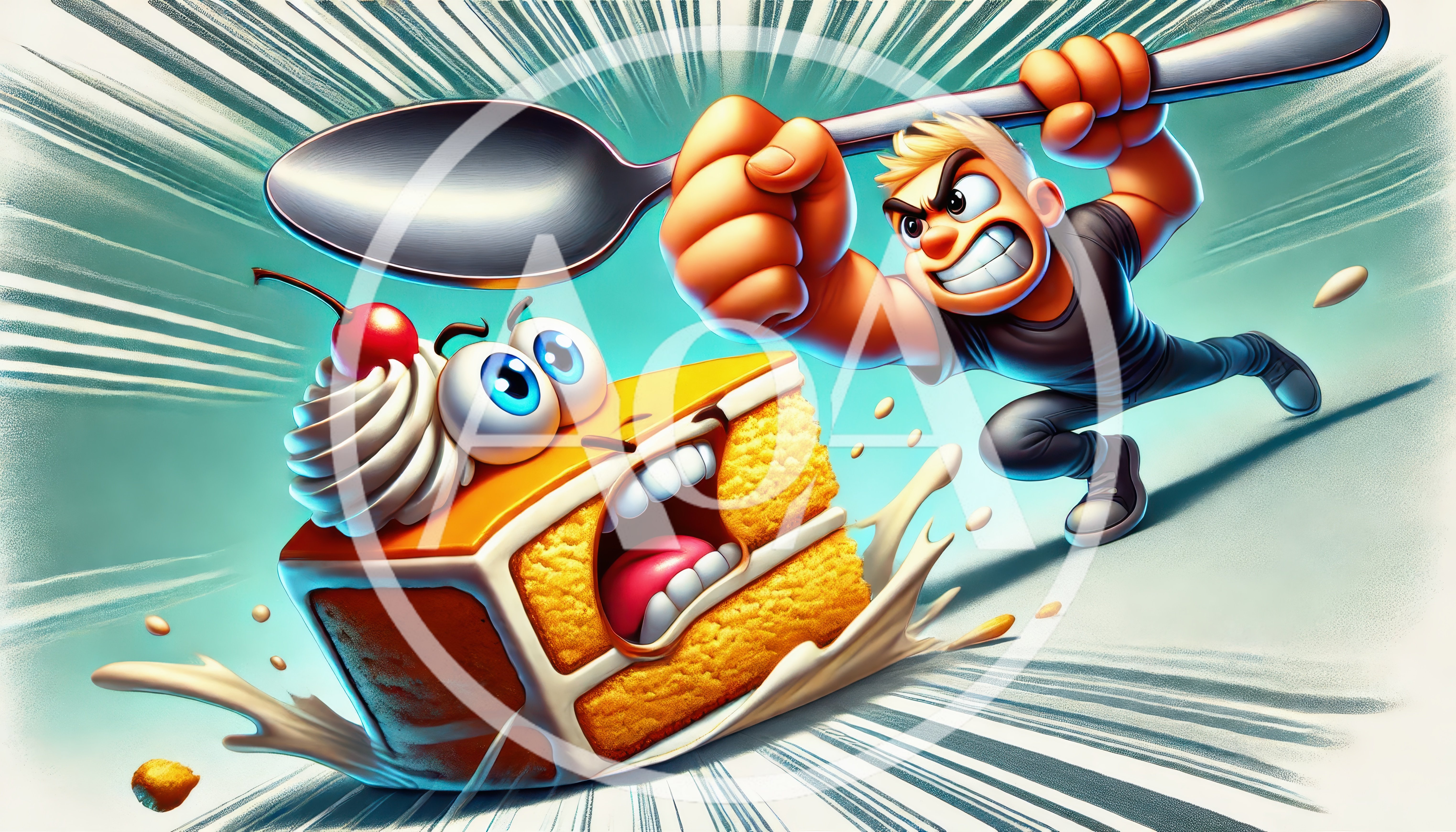 Cartoon Man Attacking A Slice Of Cake With A Spoon