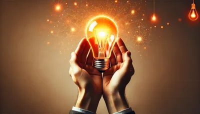 Hands Holding A Glowing Light Bulb With Sparkles