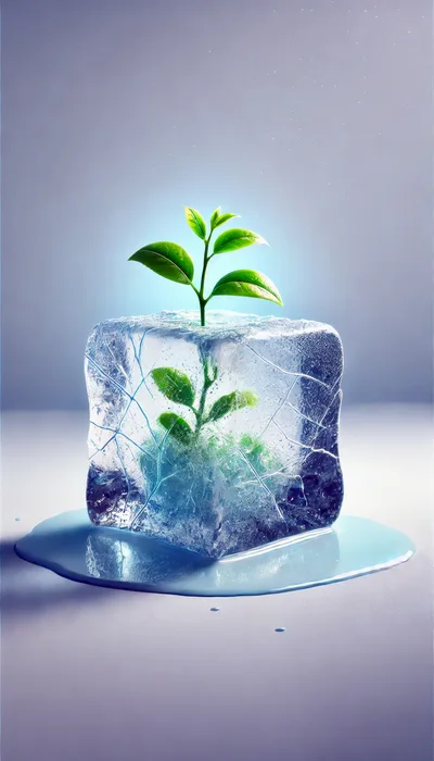 Small Green Plant Growing Inside A Melting Ice Cube