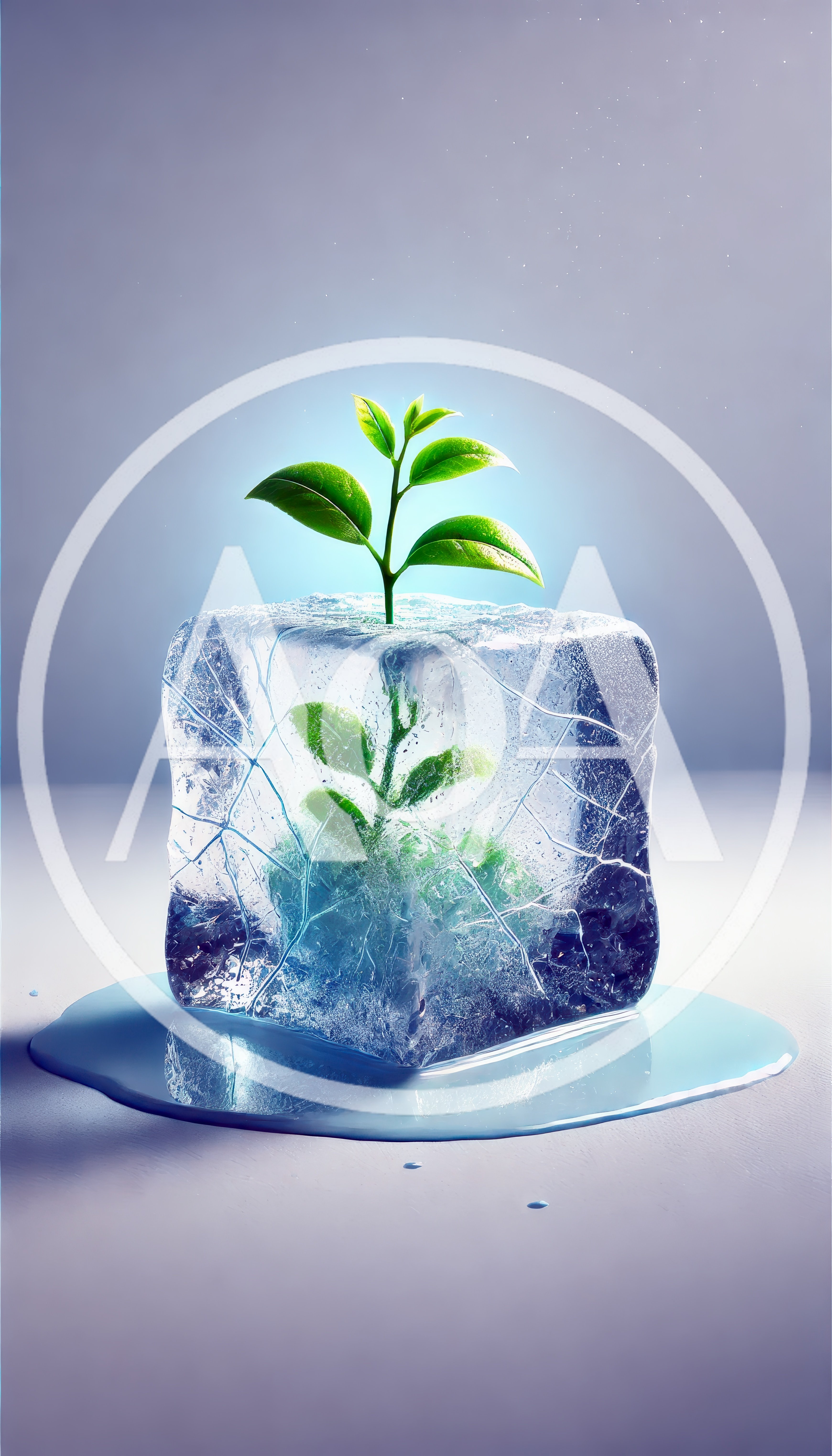 Small Green Plant Growing Inside A Melting Ice Cube