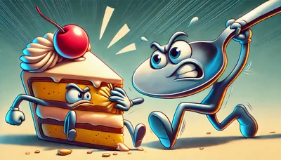 Cartoon Spoon Attacking A Slice Of Cake