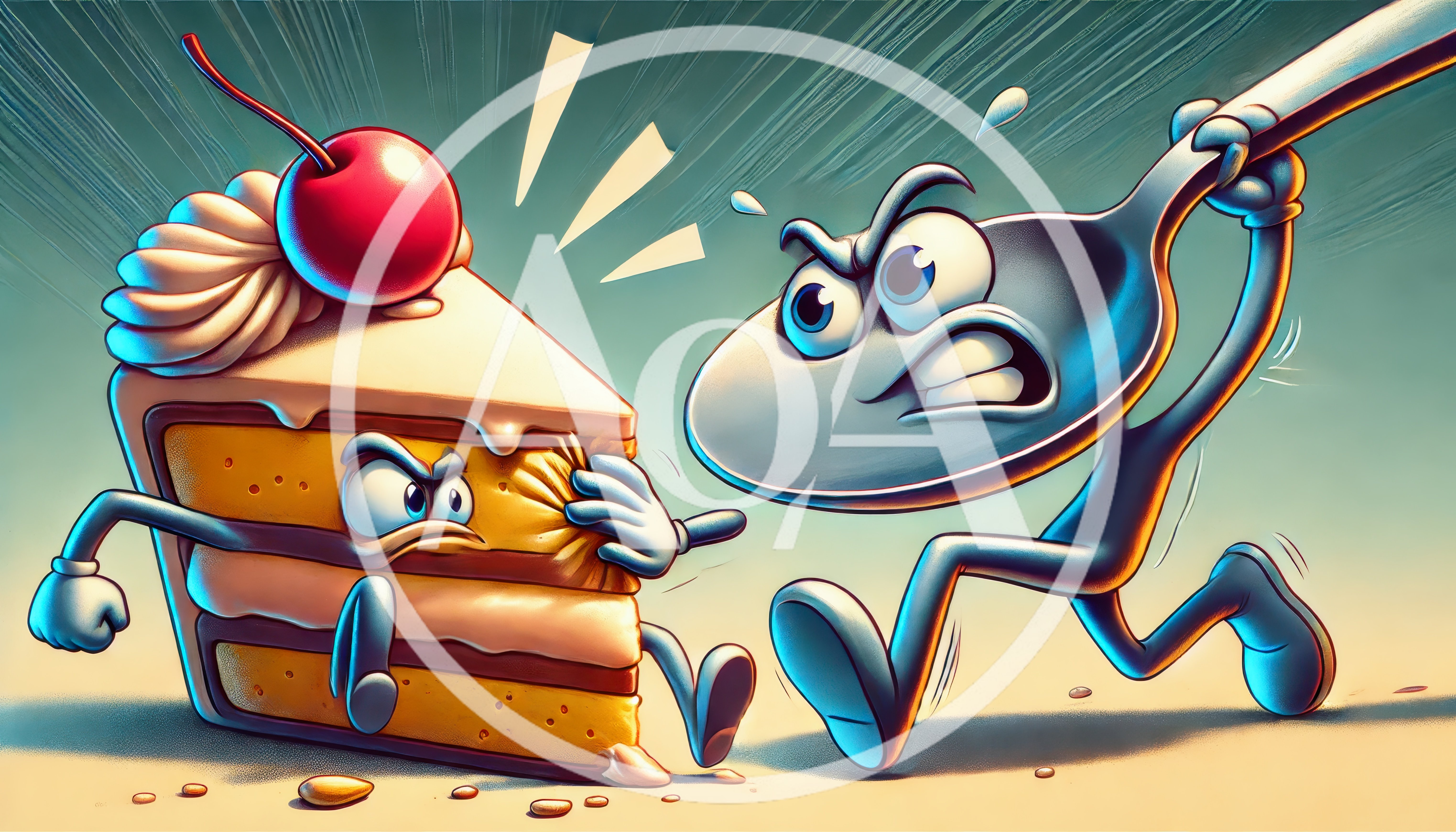 Cartoon Spoon Attacking A Slice Of Cake