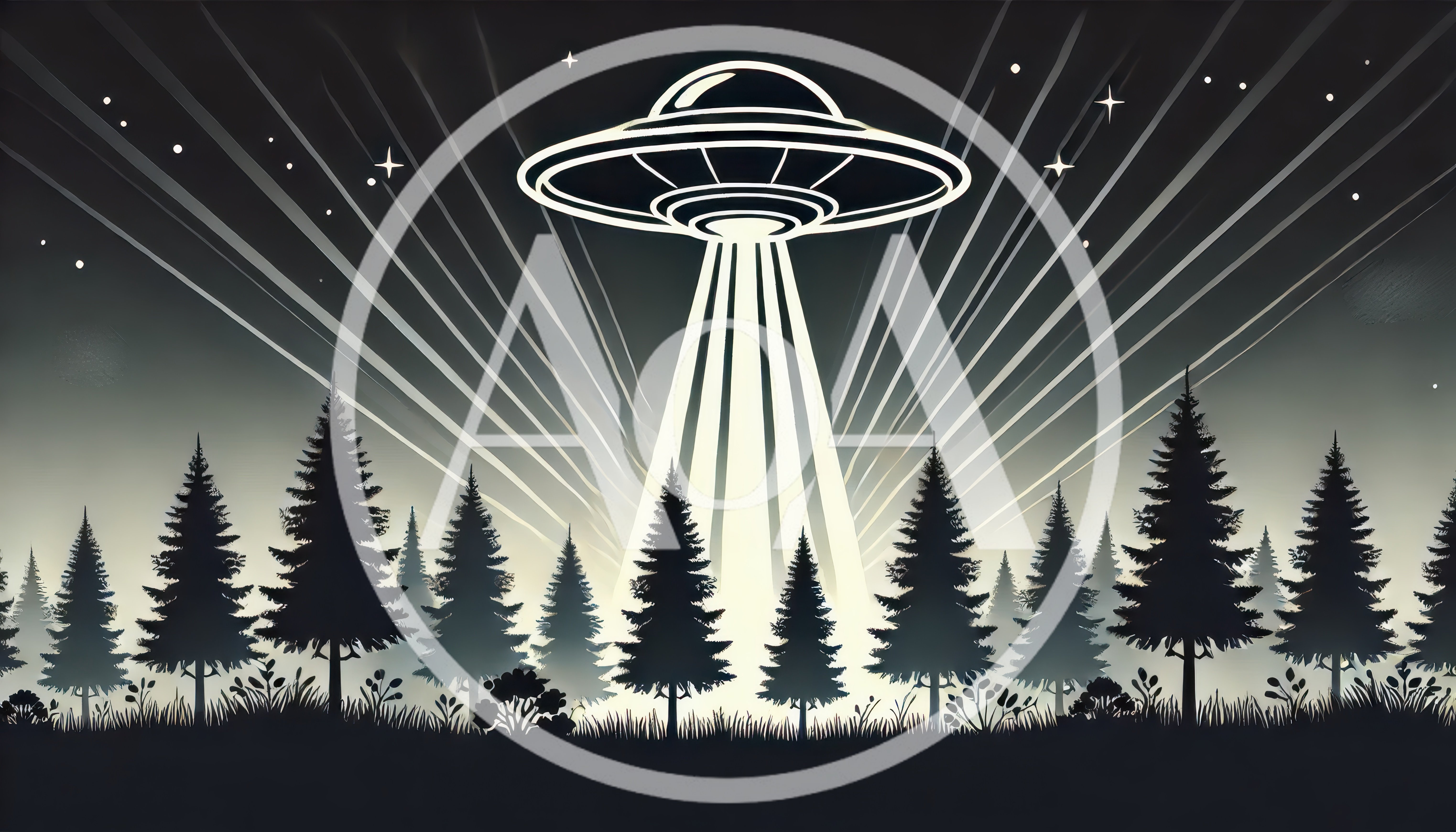 UFO Hovering Over A Dark Pine Forest
