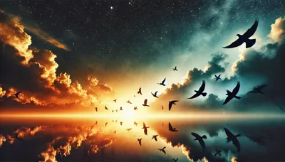 Flock Of Birds Flying Over Reflective Sunset Water