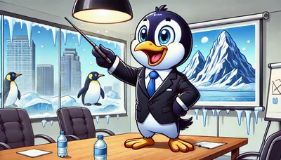 Cartoon Penguin Businessman Giving A Presentation In Office