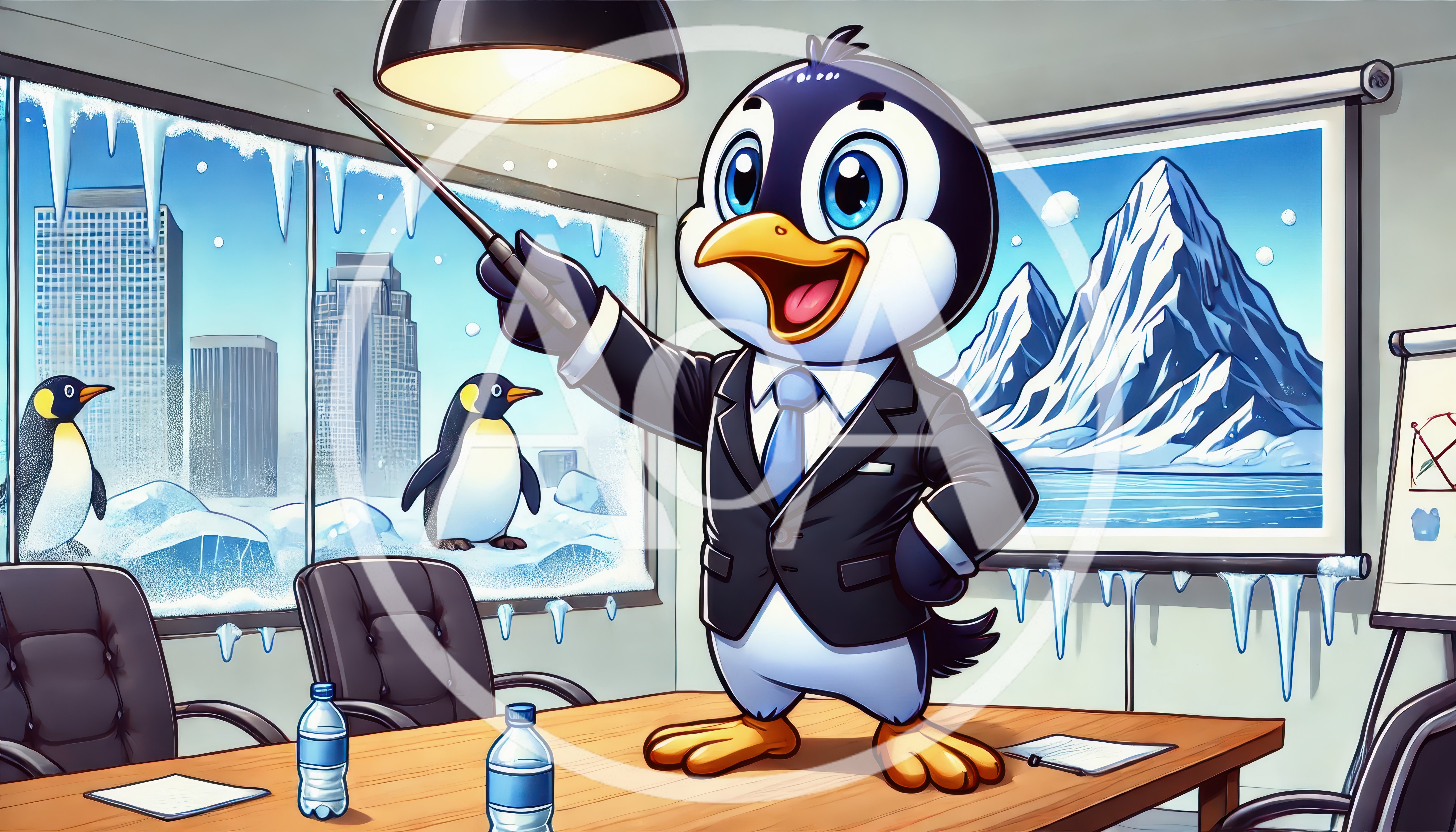 Cartoon Penguin Businessman Giving A Presentation In Office