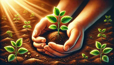 Hands Cupping A Small Green Plant In Soil
