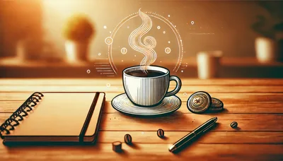 Coffee Cup With Notebook And Pen On Wooden Table