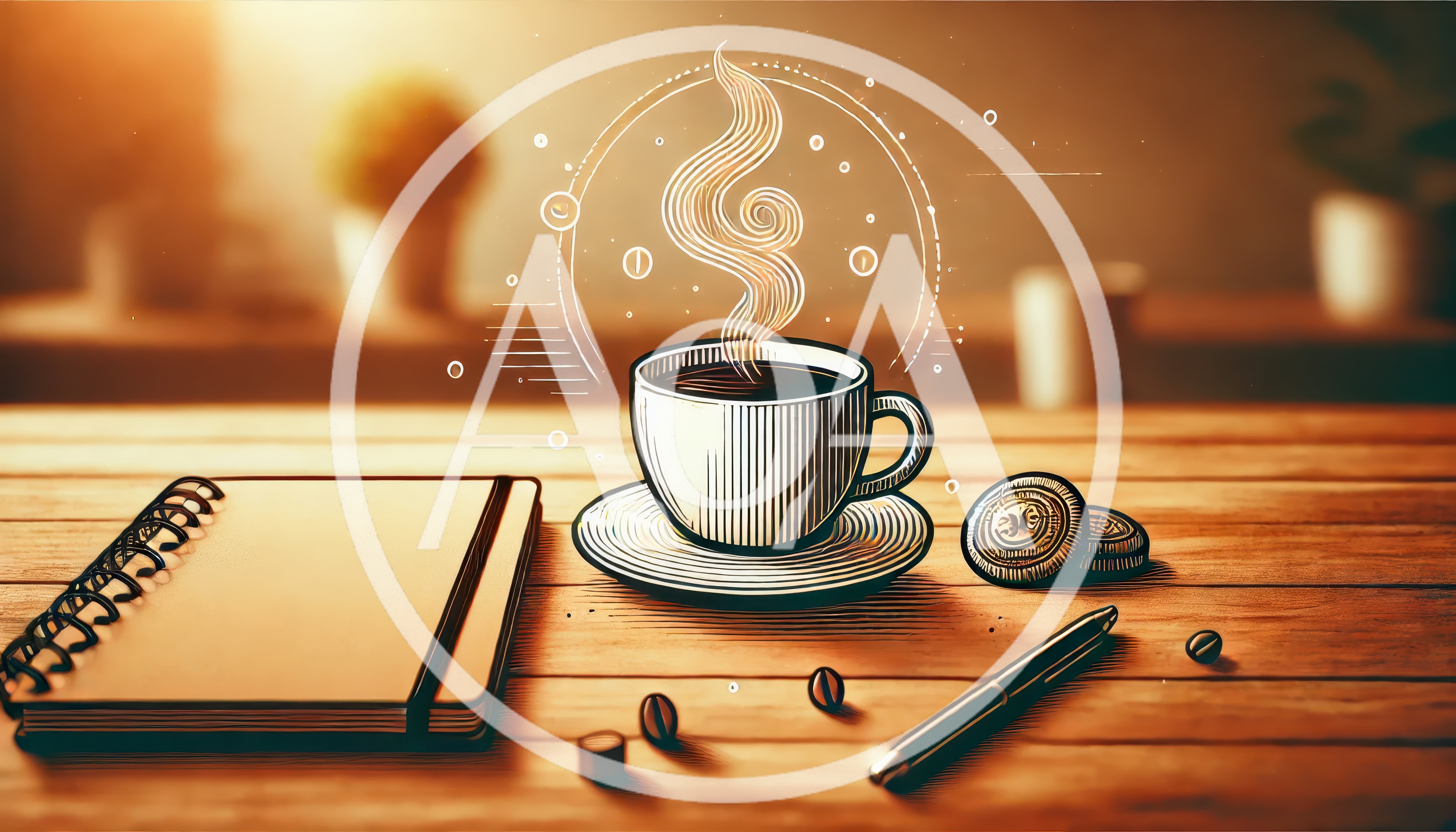Coffee Cup With Notebook And Pen On Wooden Table