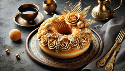 Golden Decorative Wreath Cake on Ornate Serving Platter