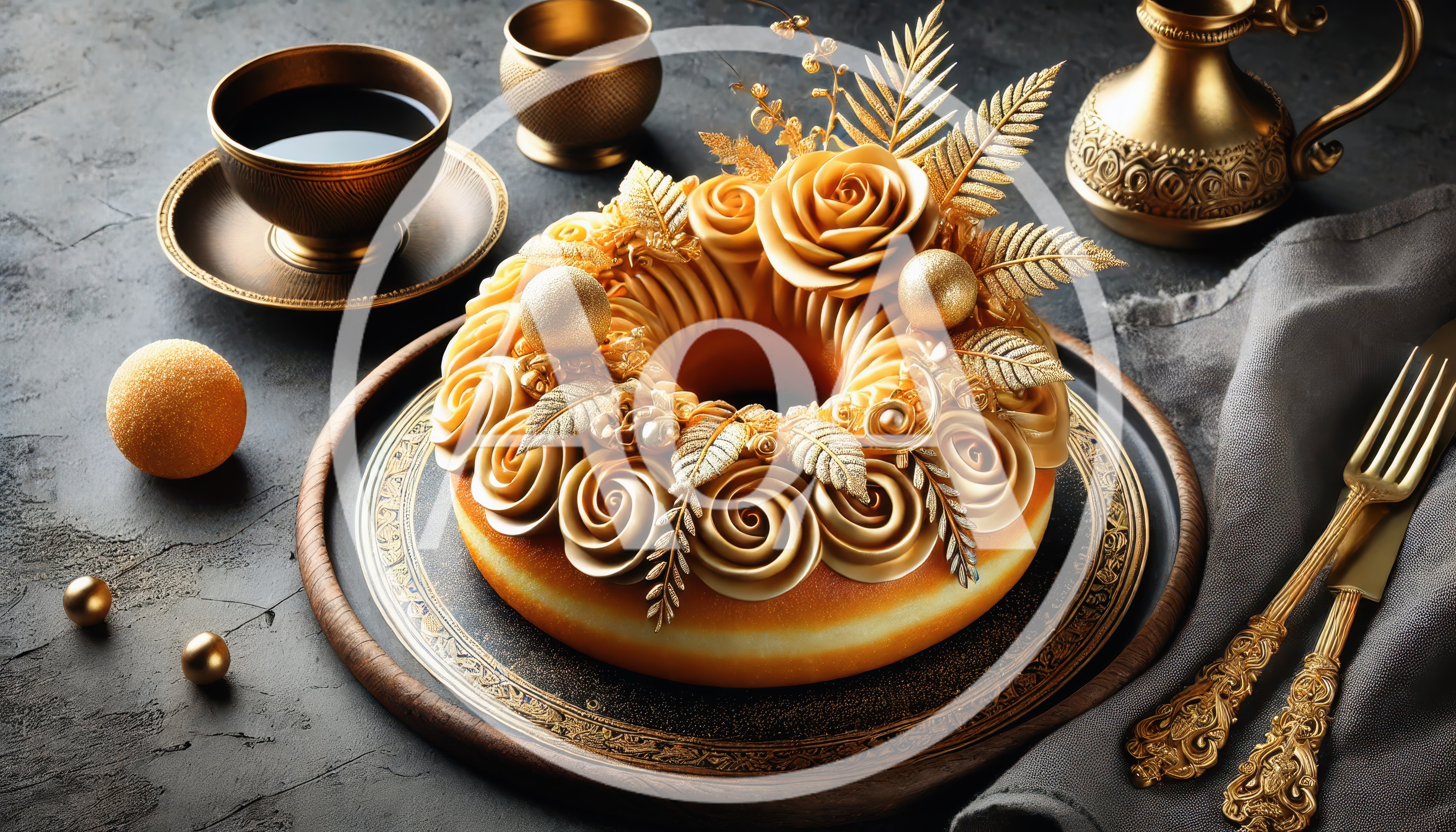 Golden Decorative Wreath Cake on Ornate Serving Platter