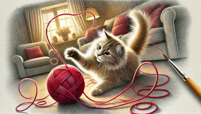 Fluffy Kitten Playing With Red Yarn Ball