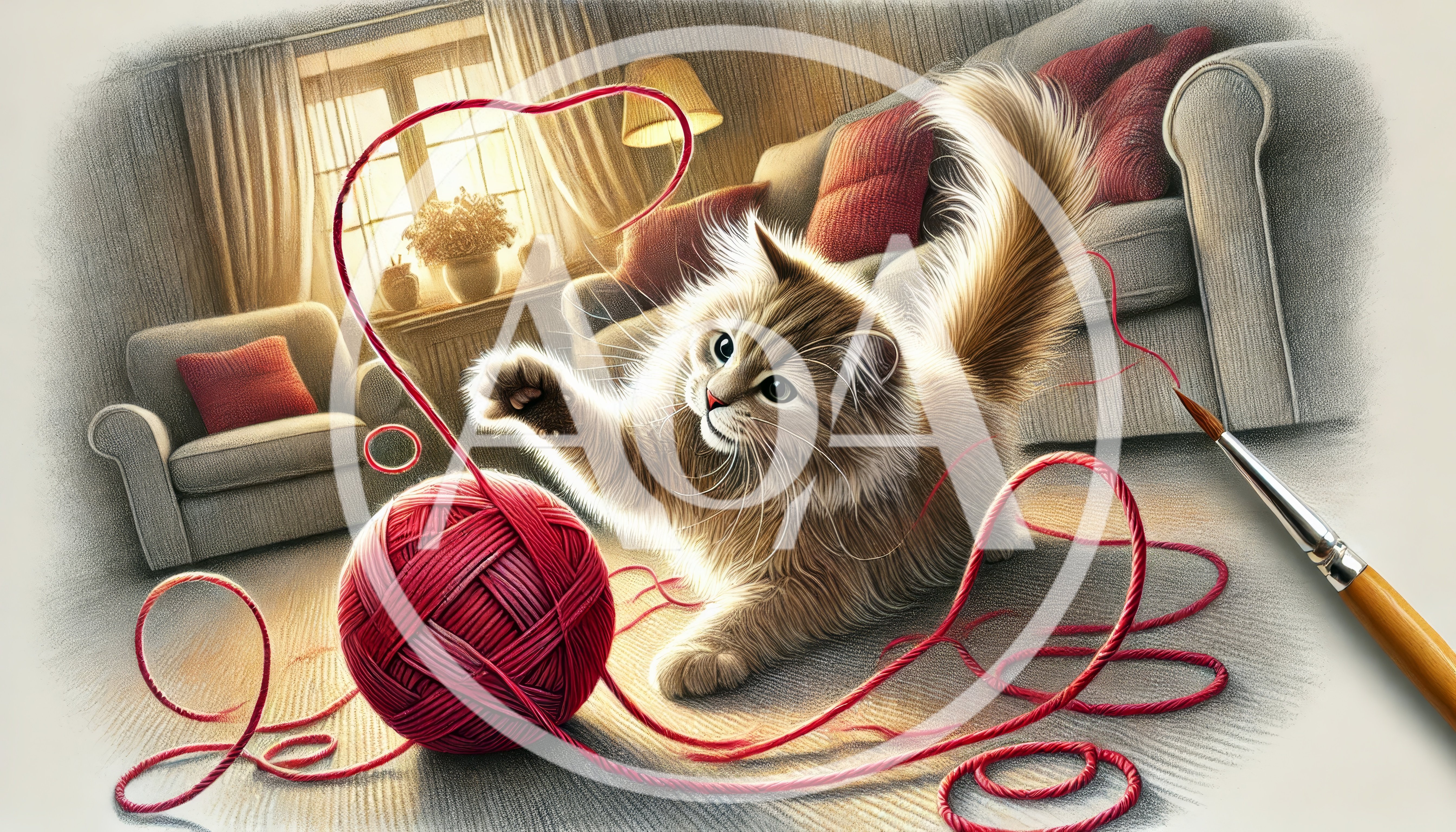 Fluffy Kitten Playing With Red Yarn Ball