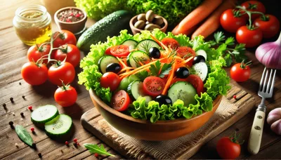 Fresh Vegetable Salad in Wooden Bowl on Rustic Table