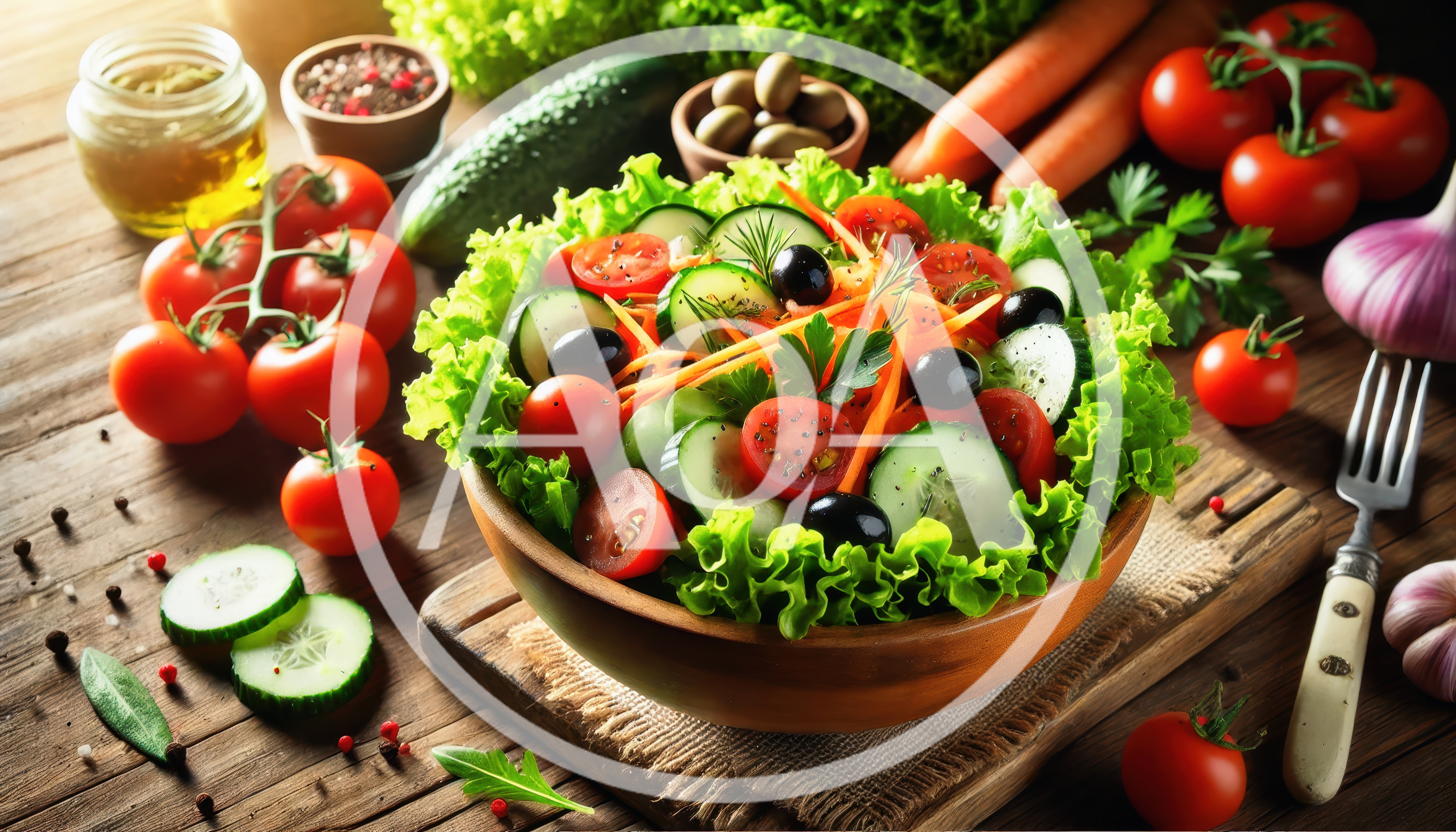 Fresh Vegetable Salad in Wooden Bowl on Rustic Table