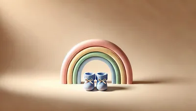 Blue Baby Booties Under A Pastel Rainbow Arch