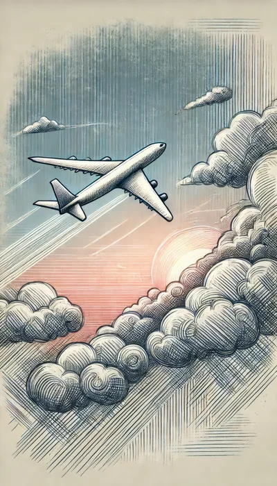 Engraved Illustration Of A Passenger Jet Flying Through Clouds