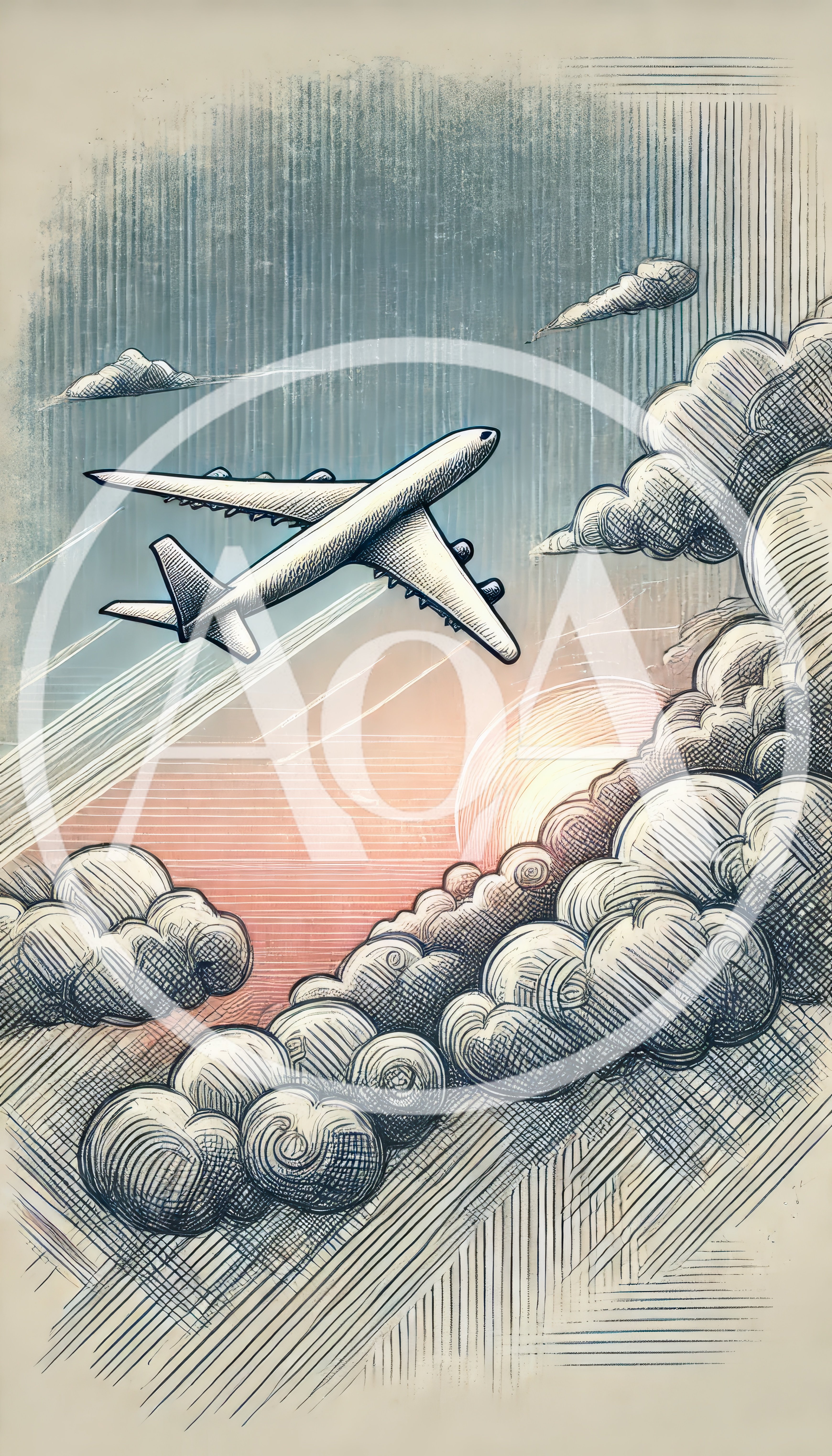 Engraved Illustration Of A Passenger Jet Flying Through Clouds