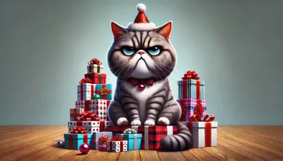 Grumpy Tabby Cat Wearing Santa Hat With Christmas Gifts