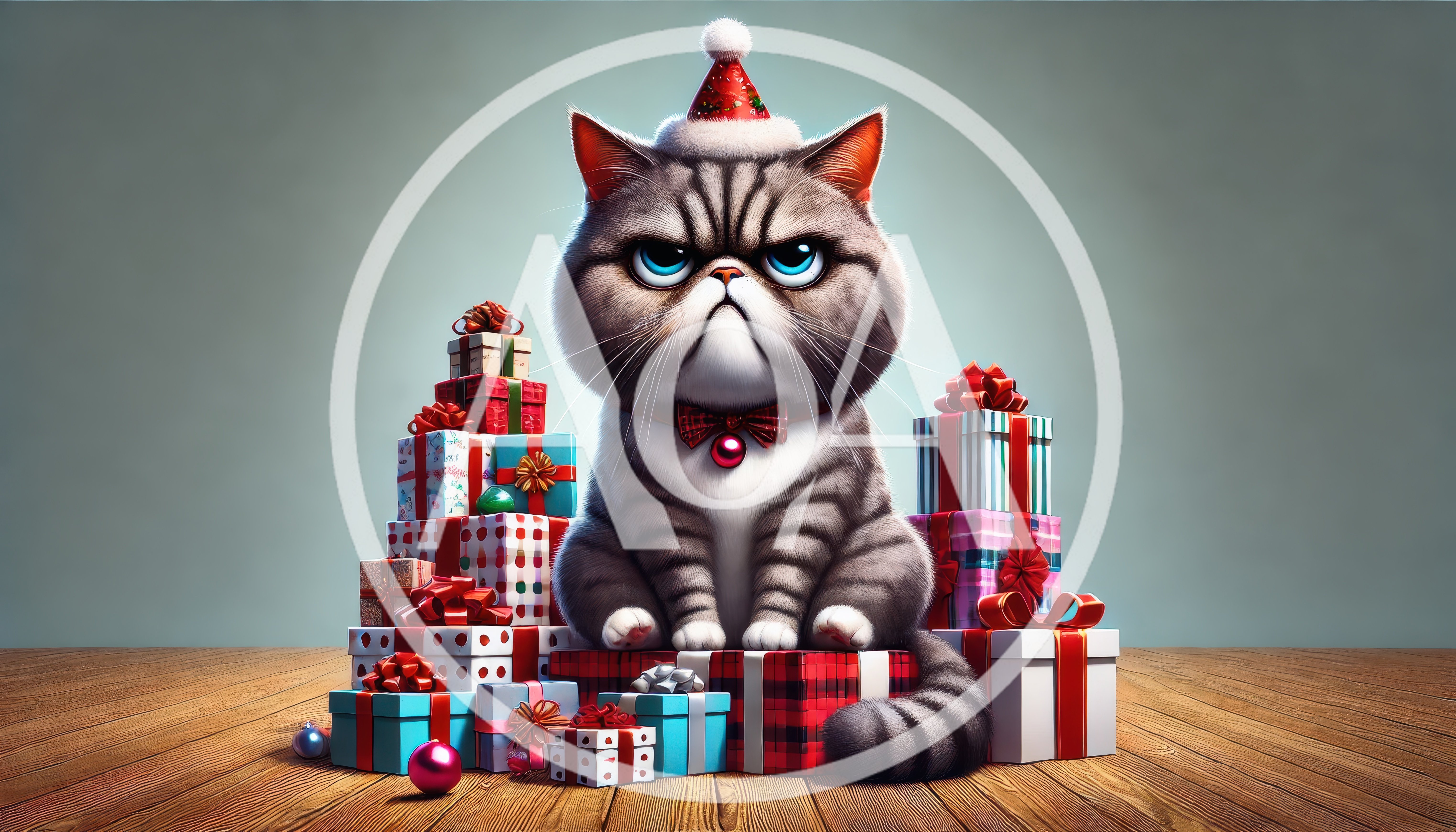 Grumpy Tabby Cat Wearing Santa Hat With Christmas Gifts