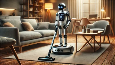 Humanoid Robot Vacuuming Living Room Floor