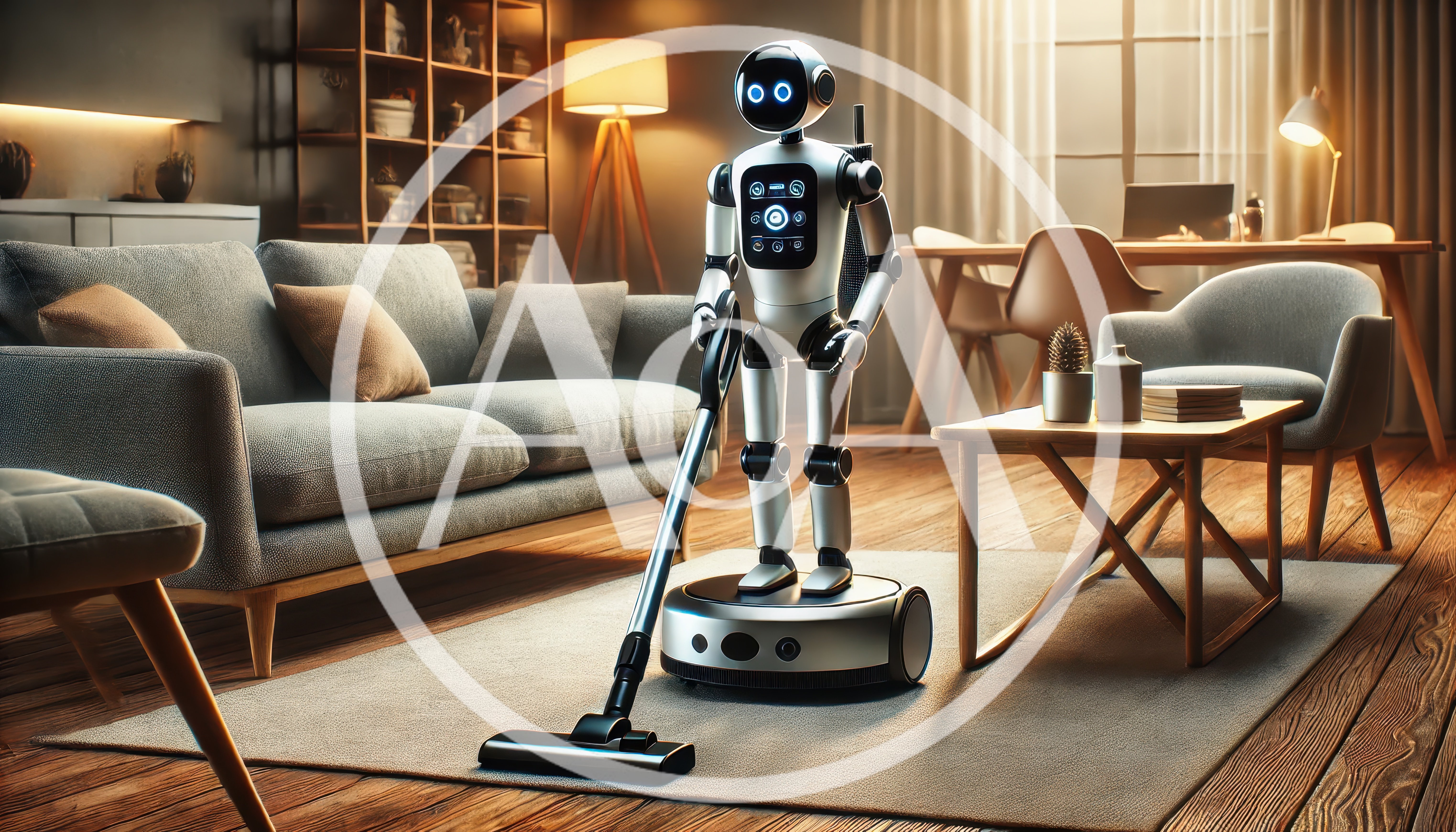 Humanoid Robot Vacuuming Living Room Floor