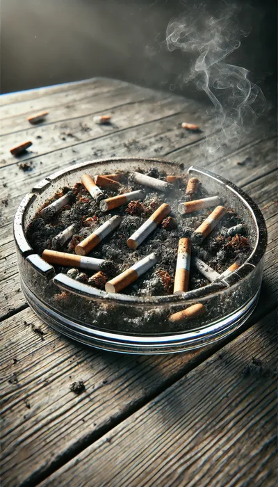 Full Glass Ashtray With Smoldering Cigarette Butts