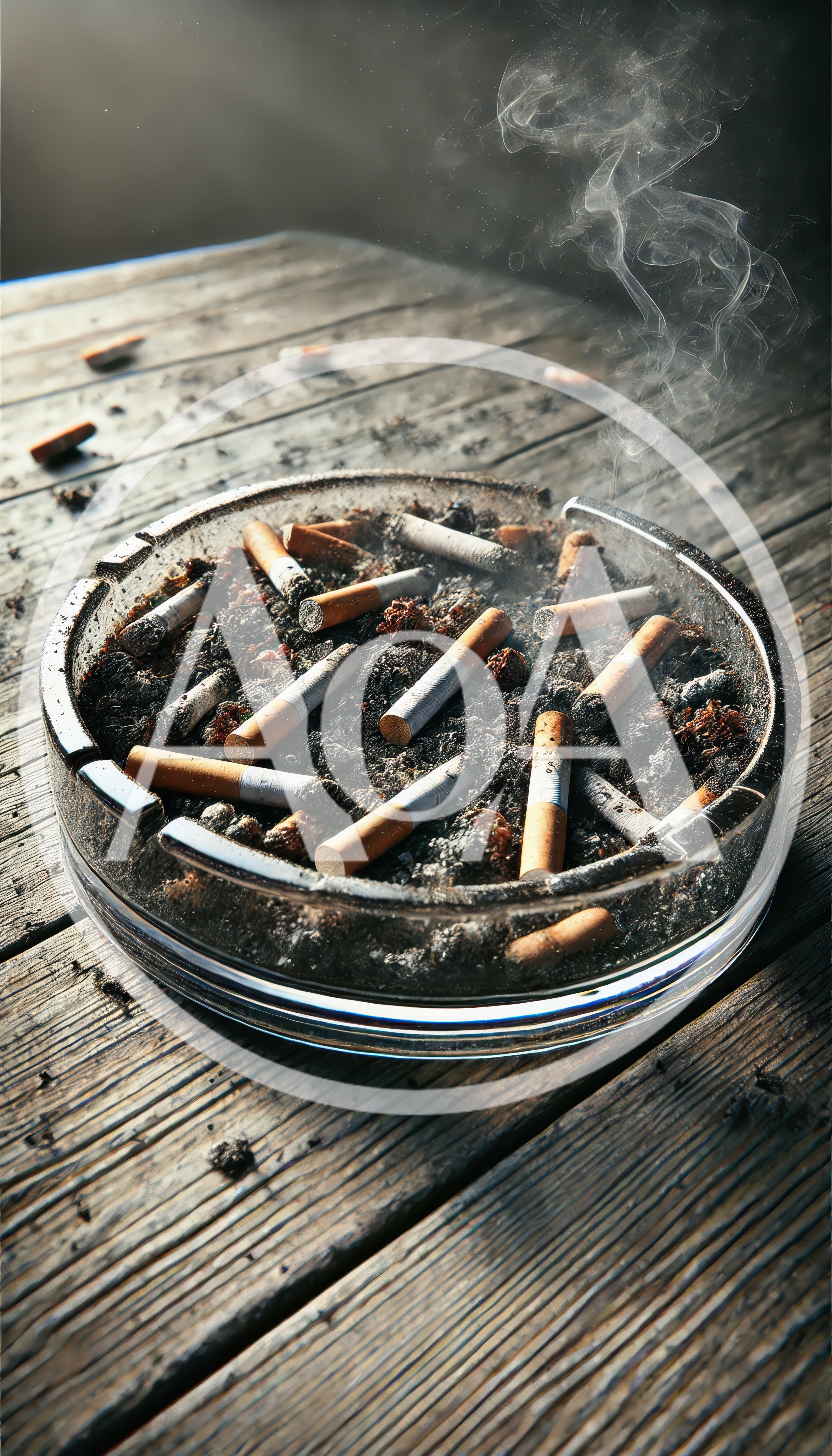 Full Glass Ashtray With Smoldering Cigarette Butts