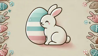 Cute Easter Bunny Sitting Next To Striped Egg