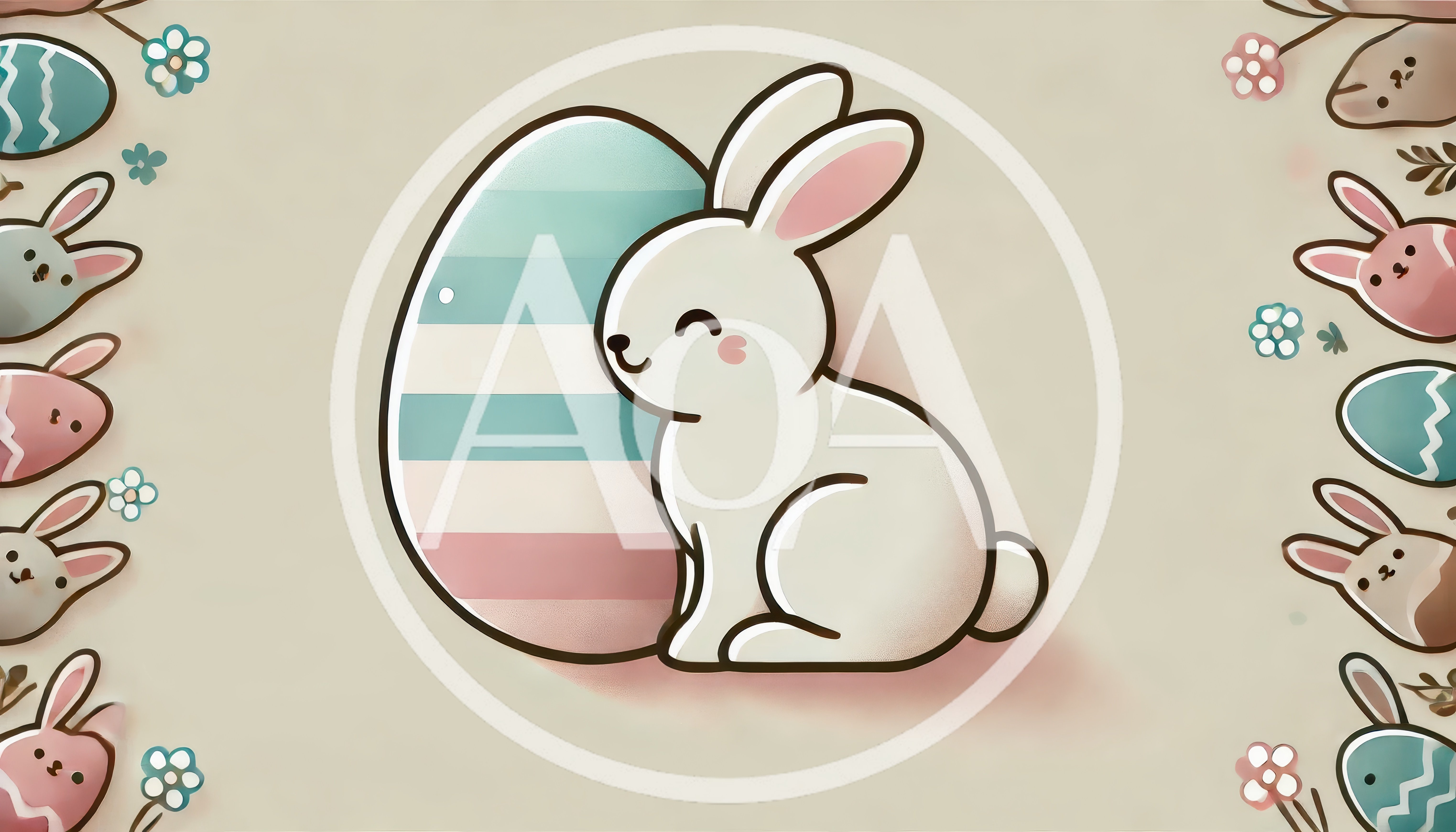 Cute Easter Bunny Sitting Next To Striped Egg