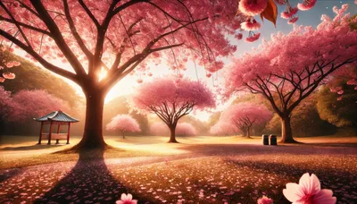 Serene Park Landscape With Blooming Cherry Blossom Trees