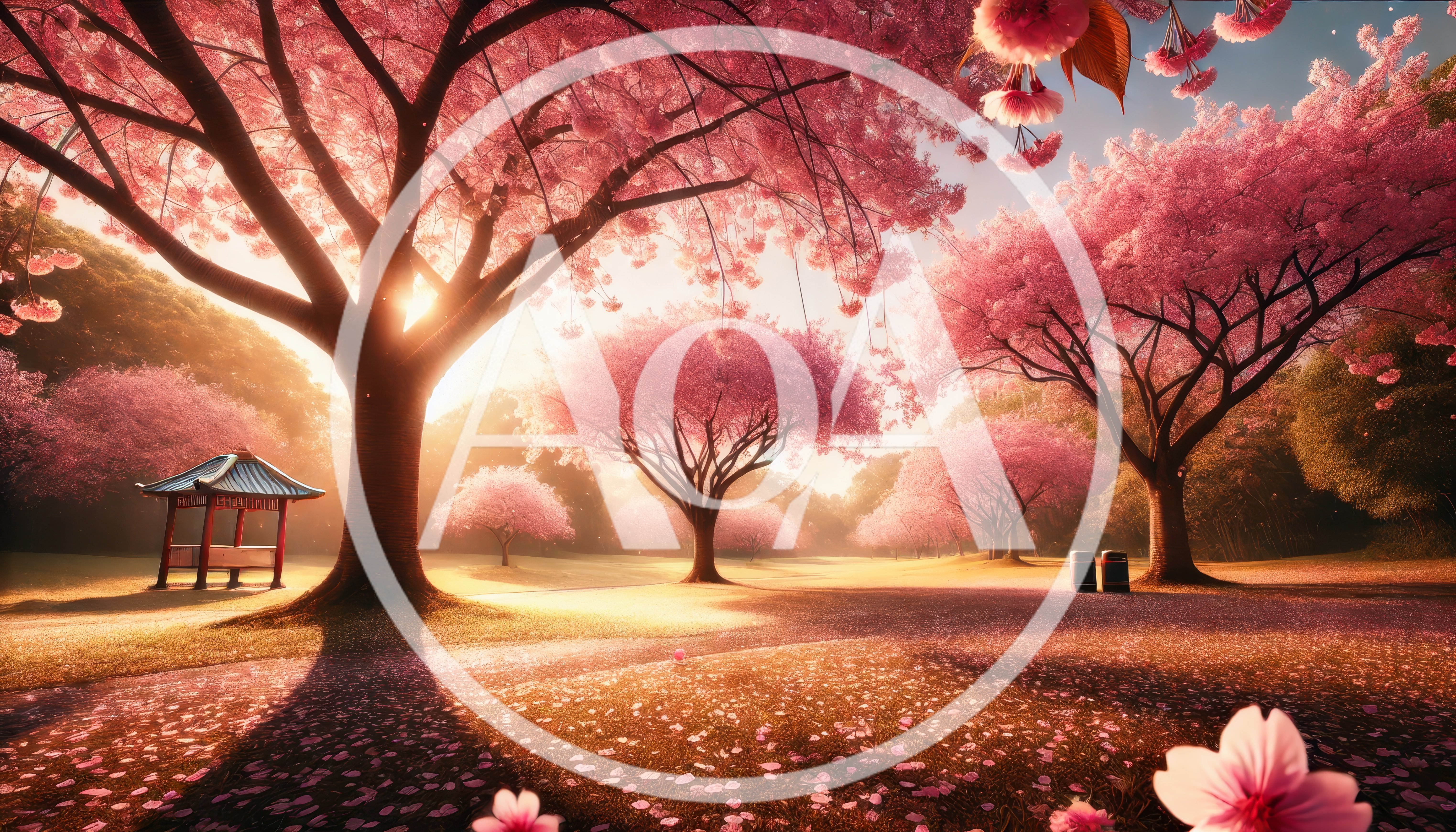 Serene Park Landscape With Blooming Cherry Blossom Trees